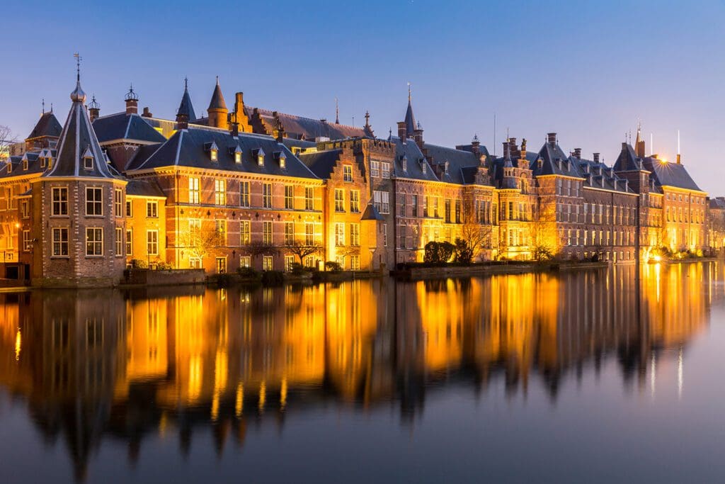 The Binnenhof government building at night in The Hagge the Netherlands