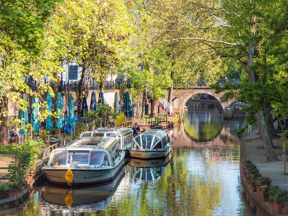 Canals and tourist boats in Utrecht in the Netherlands