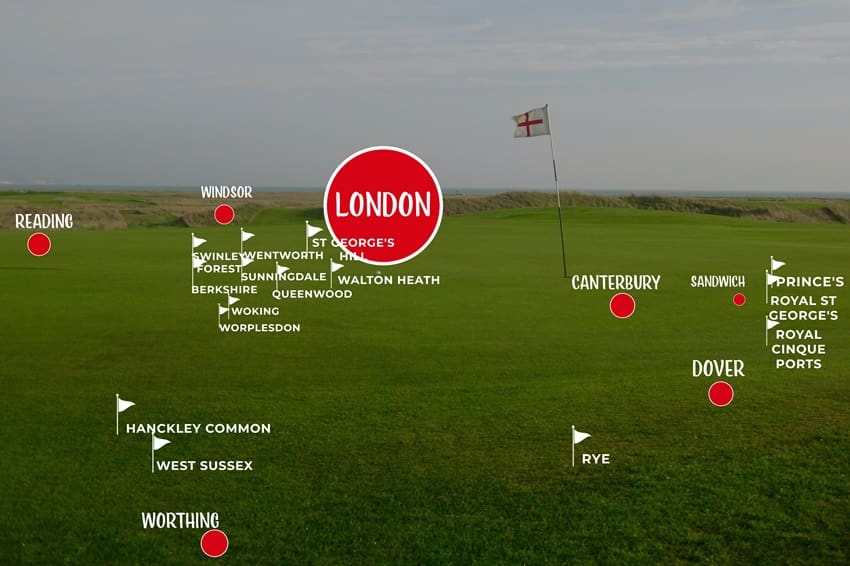 Best Golf Courses Map near London and South East England UK